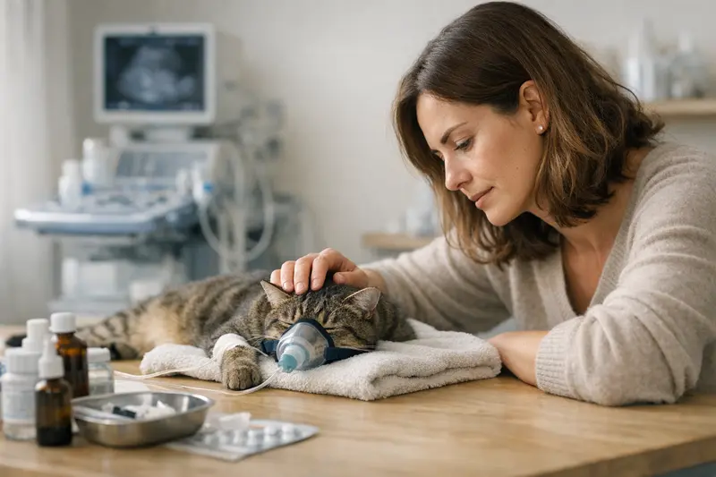 Narkosevorbereitung bei Katzen Eine Katze auf einer Tierarztliege, während sie für eine Narkose vorbereitet wird.