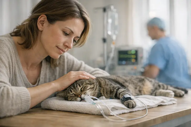 Tierarzt-Narkoseversorgung für Katzen Kätzchen wird zärtlich von Tierarzt vorbereitet, um Narkosekosten zu klären
