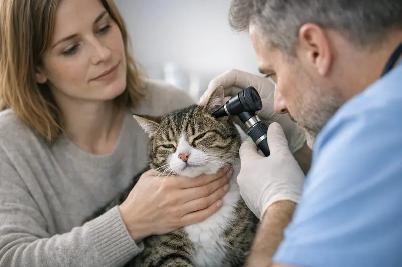 Eine Katze mit einem Tierarzt, der ihre Ohren untersucht, um mögliche Ohrentzündungen zu diagnostizieren.