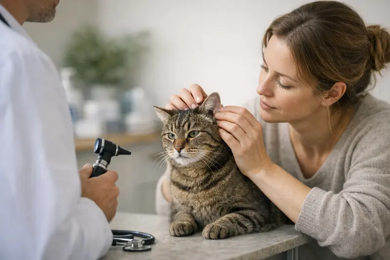 Wichtige Infos zu Vorerkrankungen bei Katzenversicherungen Tierarzt untersucht Katze mit Ohrentzündung und bespricht Vorerkrankungen mit dem Halter
