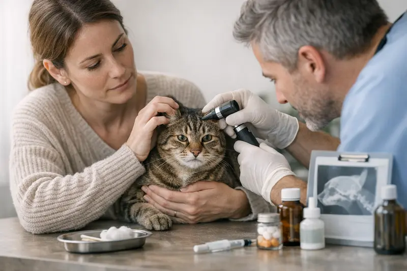 Tierarztuntersuchung Katze Ohrbeschwerden Tierarzt untersucht die Ohren einer Katze auf Ohrbeschwerden.