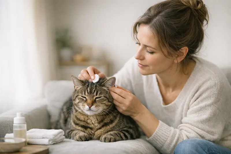 Katzenpflege zur Risikominderung für Ohrprobleme Katzenhalterin sorgt sanft für die Ohren ihrer Katze und reduziert das Risiko von Ohrproblemen.