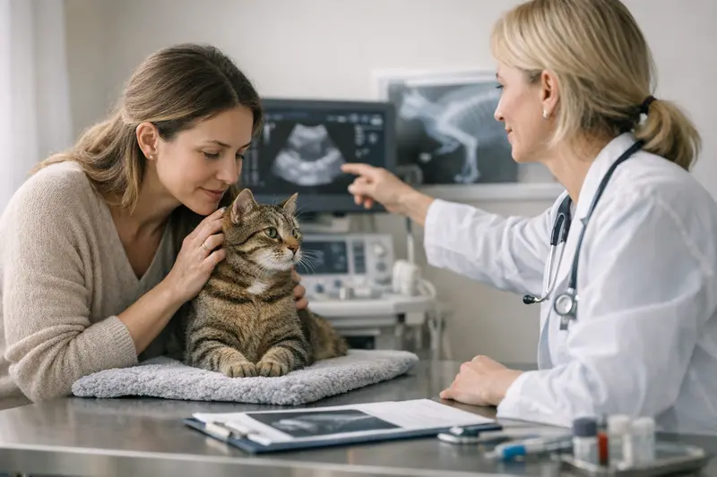 Katzenversicherung und Voruntersuchungen Eine Katze bei einer Voruntersuchung vor einer Operation bei einem Tierarzt.