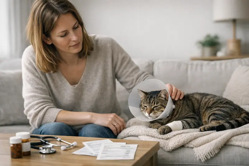 Katzenbesitzer informiert sich über die Selbstbeteiligung bei operativen Kosten