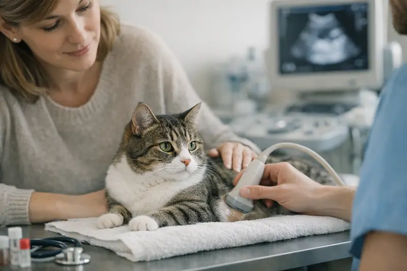Tierarztuntersuchung für Katzen-OP-Versicherung Eine Katze wird von einem Tierarzt zur Untersuchung vorbereitet, um eine OP-Versicherung in Anspruch zu nehmen.