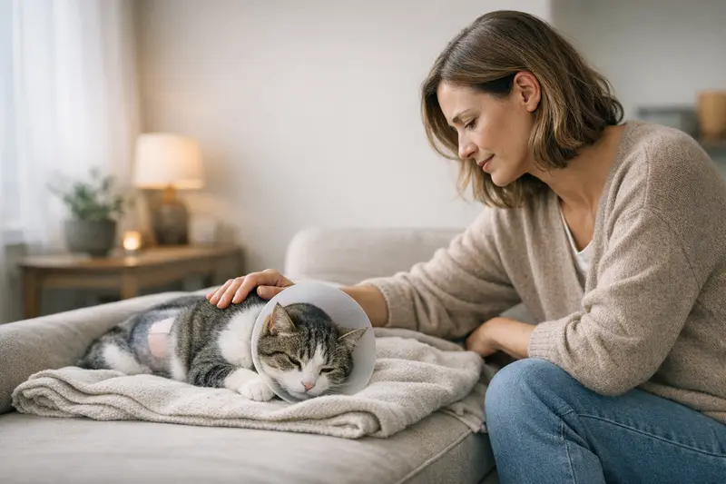 Katzenhalterin mit ihrer Katze beim Tierarzt, verwundert über Wartezeiten vor dem Versicherungsschutz