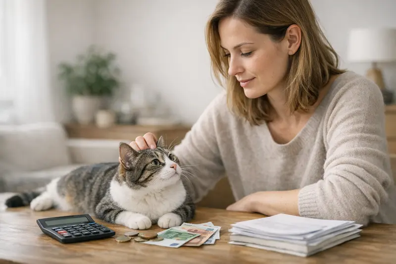 Eine Katze sitzt neugierig vor einem Rechnungsschein, der Kosten für tierärztliche Behandlungen zeigt.