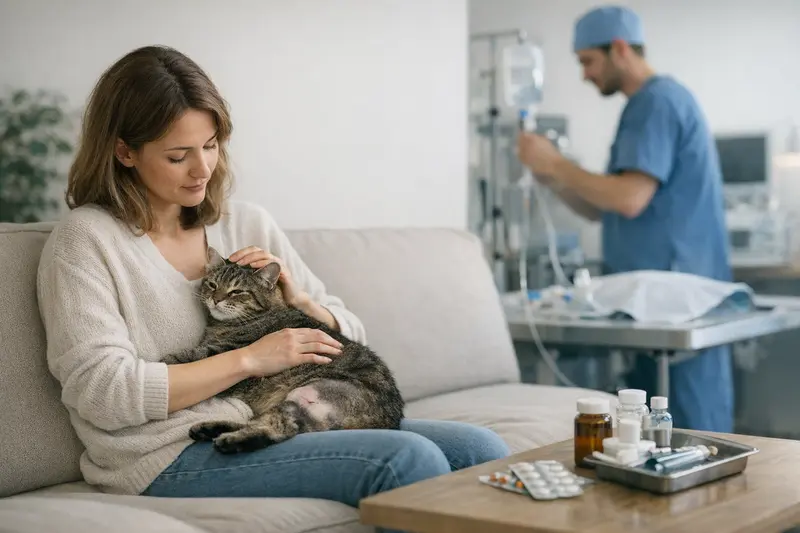 Katzenbesitzerin erläutert den Unterschied zwischen OP-Versicherung und Krankenversicherung für ihre Katze.