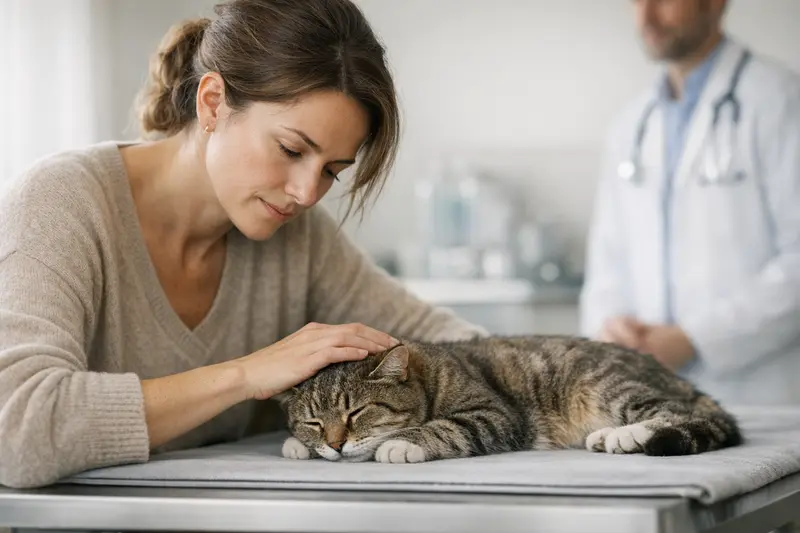 Eine Katze zeigt Anzeichen von Unwohlsein, während ein Tierarzt die Situation einschätzt.