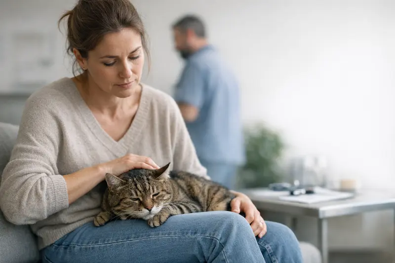 Tierarztbesuch einer Katze mit Symptomen Katzendoktor untersucht eine Katze auf gesundheitliche Symptome