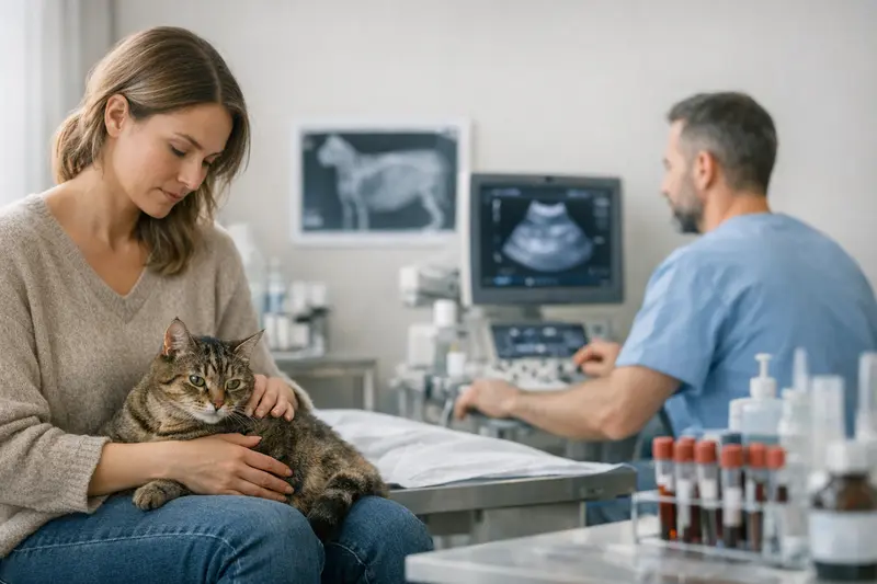 Tierarztuntersuchung bei Verdacht auf Pankreatitis Eine Katze wird vom Tierarzt untersucht, um mögliche Pankreatitis festzustellen.