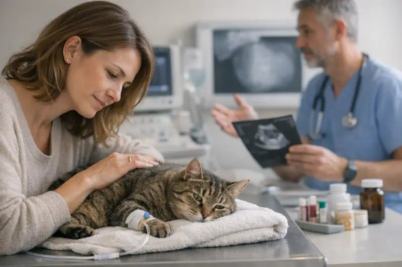 Eine Katze beim Tierarzt zur Diagnose von Pankreatitis.