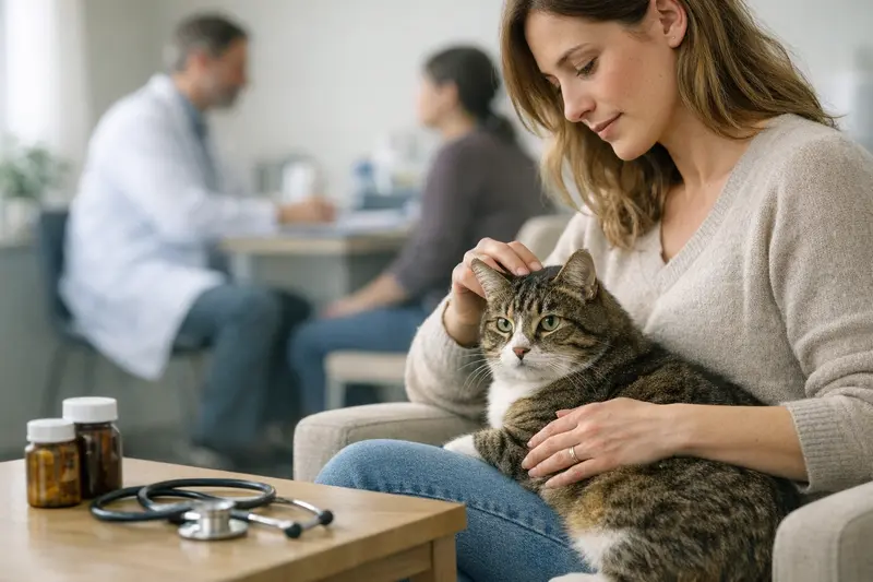 Selbstbeteiligung bei Tierarztkosten für Katzen Katzenbesitzerin diskutiert über Selbstbeteiligung bei Tierarztkosten mit Tierarzt.
