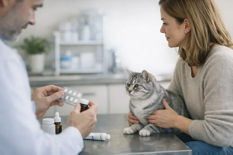 Tierarzt untersucht eine Katze zur Behandlung von Flöhen.