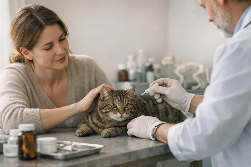 Tierarzt für Katzenuntersuchung Eine Katze wird vom Tierarzt untersucht, um Parasiten zu behandeln.