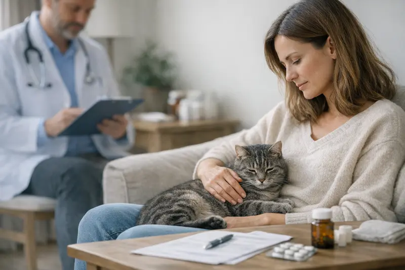 Eine Katze sitzt beim Tierarzt, während der Besitzer über Wartezeiten und Vorerkrankungen in der Katzenversicherung informiert wird.