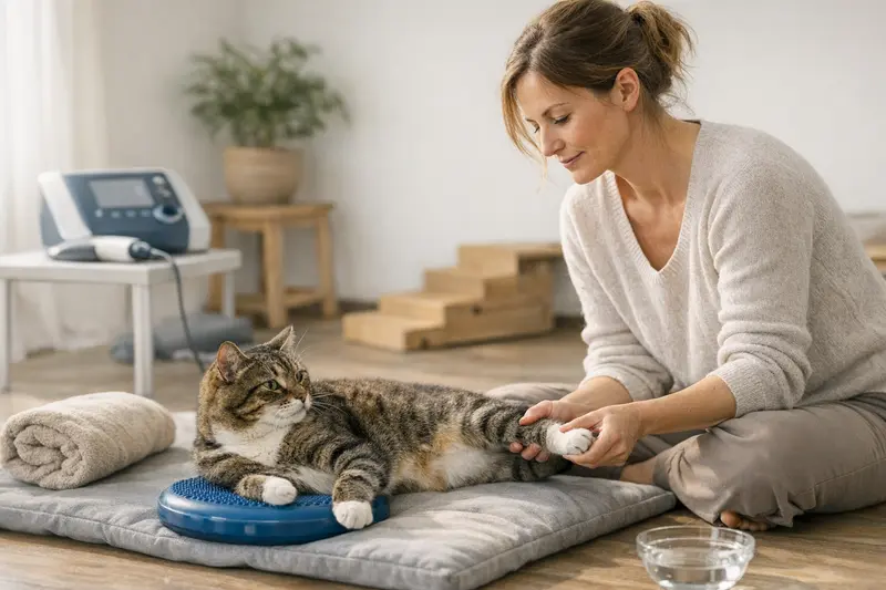 Kosten der Katzen-Physiotherapie Eine Katze während einer Physiotherapie-Sitzung zur Gesundheitsförderung.