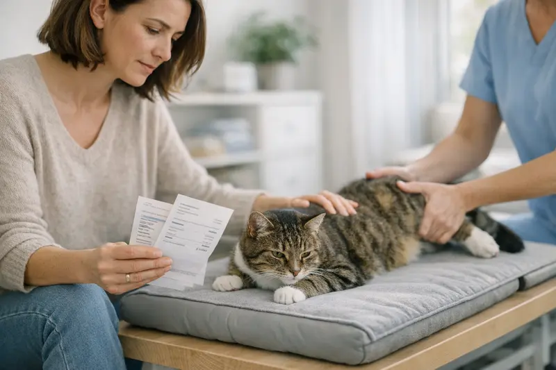 Selbstbeteiligung bei Katzenbehandlungen Eine Katze beim Tierarzt, die für eine Physiotherapie behandelt wird und die Rolle der Selbstbeteiligung erläutert wird.