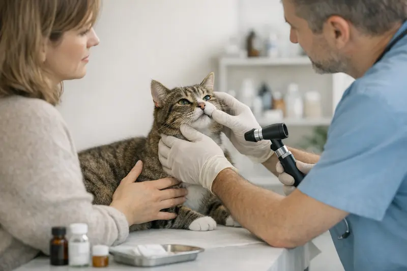 Tierarztbesuch bei Hautproblemen der Katze Eine Katze wird von einem Tierarzt wegen Hautproblemen untersucht.