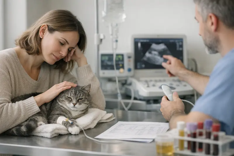 Tierarztuntersuchung Katze Eine Katze wird von einem Tierarzt untersucht, um die Diagnose zu stellen.