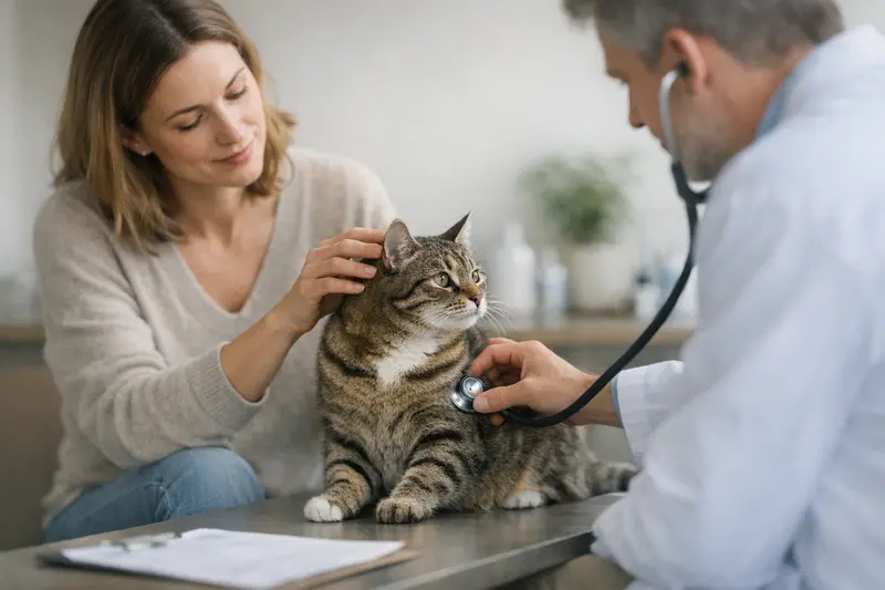 Vorsorgeuntersuchung Katze beim Tierarzt Eine Katze wird beim Tierarzt untersucht, um Vorsorgeuntersuchungen durchzuführen.