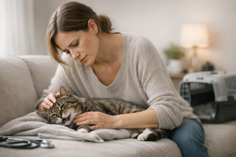 Katzen Notfall Symptome erkennen Eine Katze mit Atemproblemen, die bei einem Tierarzt untersucht wird.