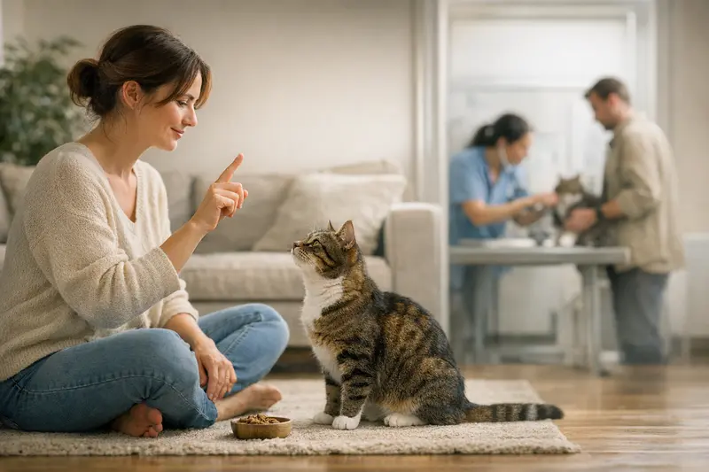 Gehorsamkeitstraining für Katzen Eine entspannte Katze während eines Gehorsamkeitstrainings, das dazu beiträgt, Tierarztkosten zu reduzieren.