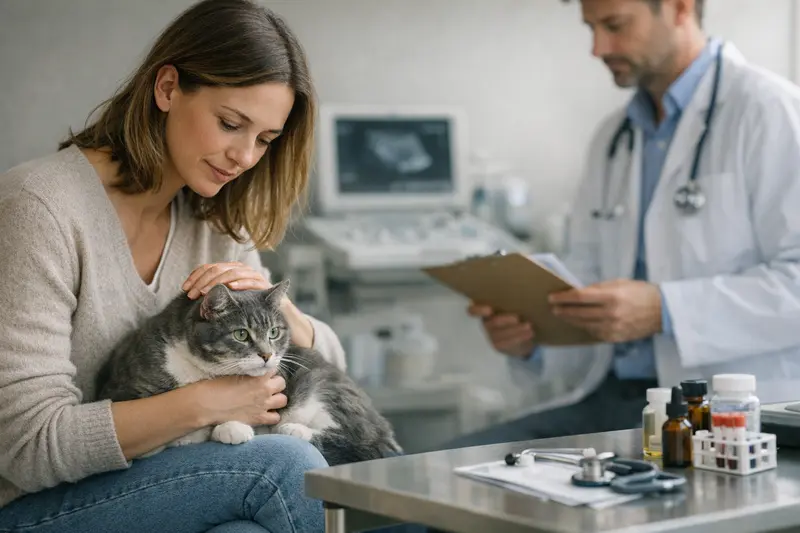 Eine besorgte Katzenhalterin untersucht die Symptome ihrer Katze beim Tierarzt.