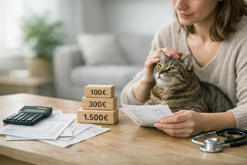 Katze beim Tierarzt mit Fokus auf Selbstbeteiligung Eine Katze beim Tierarzt, die auf eine Behandlung vorbereitet wird, während die Inhaberin über Selbstbeteiligung und Limits diskutiert.