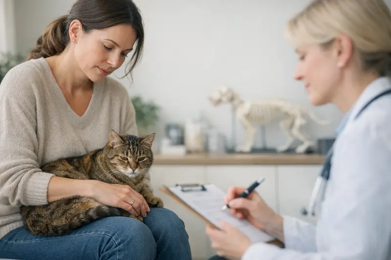 Tierarzt-Check vor Verhaltensberatung für Katzen Tierarzt untersucht Katze vor einer Verhaltensberatung
