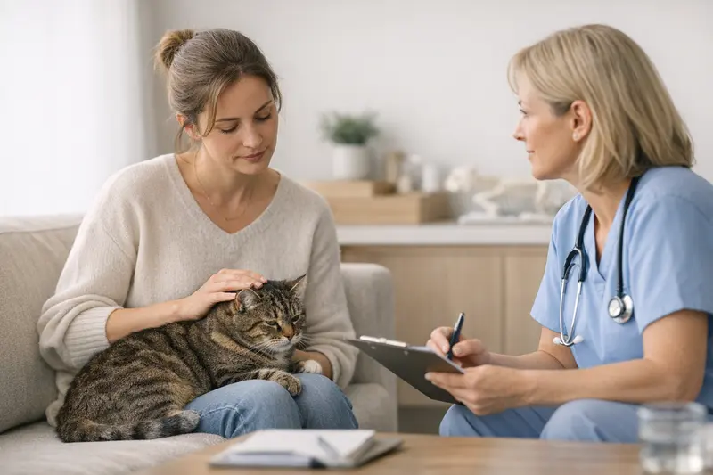 Verhaltensberatung Katze beim Tierarzt Tierarzt bespricht individuelle Verhaltensberatung für eine Katze.