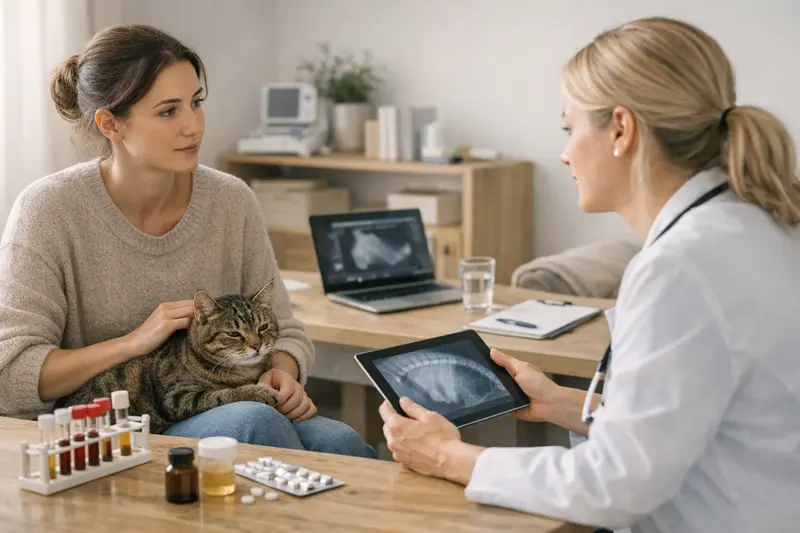 Tierarzt konsultiert Hundebesitzer über Verhaltensprobleme Tierarzt, der mit einem Hund über Verhaltensprobleme spricht und Kosten für Diagnostik erläutert.