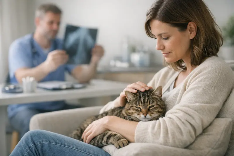 Katzenarzt besucht eine Katze während einer Untersuchung, um gesundheitliche Probleme zu erkennen.