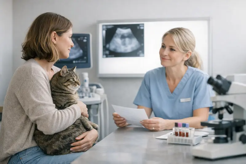 Katzenversicherung Labor- und Bilddiagnostik Tierarzt bei einer Katzenuntersuchung mit Labor- und Bilddiagnostiklösungen.