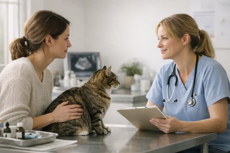 Tierarzt mit Katze während einer Vorsorgeuntersuchung