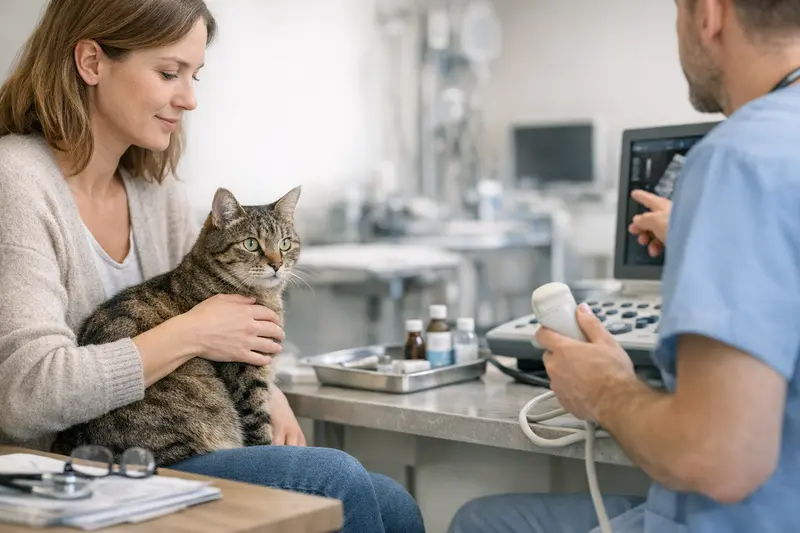 Eine Katze wird tierärztlich untersucht, um mögliche Versicherungsfragen zu klären.