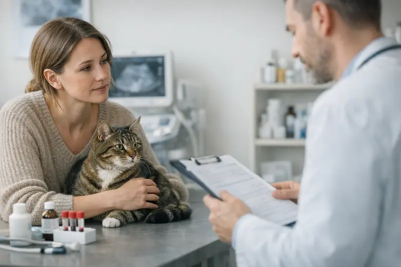 Eine Katze wird vom Tierarzt untersucht, um mögliche Gesundheitsprobleme zu erkennen.