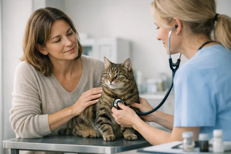 Vorsorgeuntersuchung Katze Tierarzt Eine Katze auf dem Untersuchungstisch beim Tierarzt, die eine Vorsorgeuntersuchung erhält.
