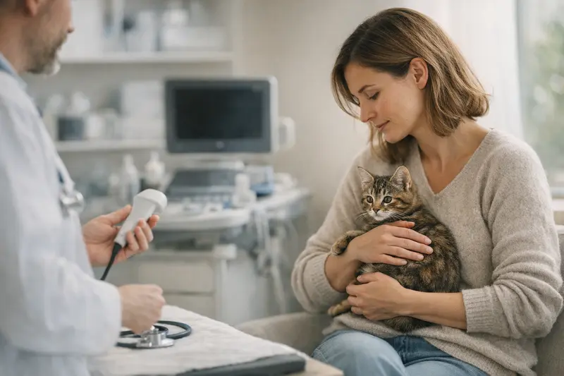 Katzengesundheit und Versicherung Eine junge Katze spielt und ist gesund, während ihre Besitzerin über eine Katzenversicherung nachdenkt.
