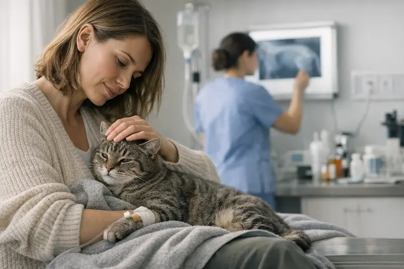 Diagnostik und Nachsorge bei Katzenversicherungen Tierarztsituation mit Katze, die für Diagnostik und Nachsorge behandelt wird