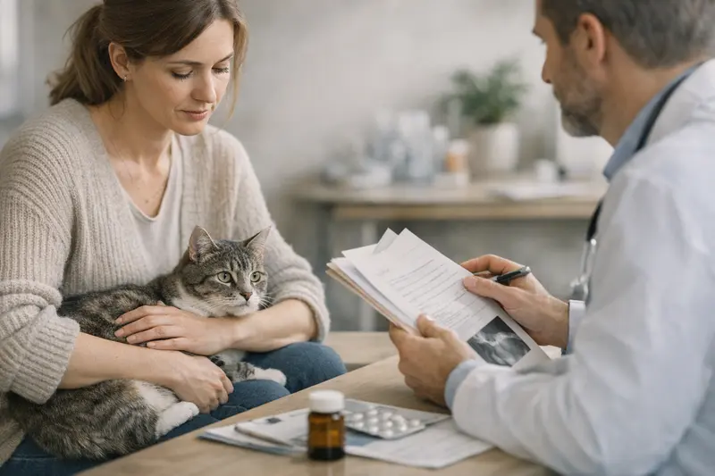 Eine Katze beim Tierarzt, die eine Untersuchung aufgrund einer Vorerkrankung erhält.
