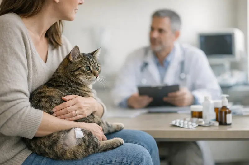 Katzenkorb beim Tierarzt Eine Katze, die bei einem Tierarzt untersucht wird, symbolisiert die Notwendigkeit einer umfassenden Katzenversicherung.