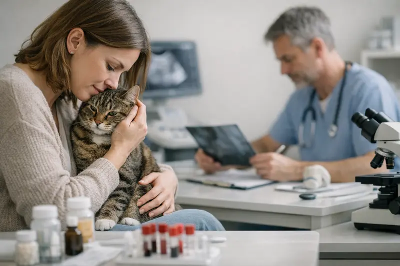 Untersuchung von Katzen auf Sinnesprobleme Ein Tierarzt untersucht eine Katze auf Sinnesprobleme, die Kosten können hoch sein.