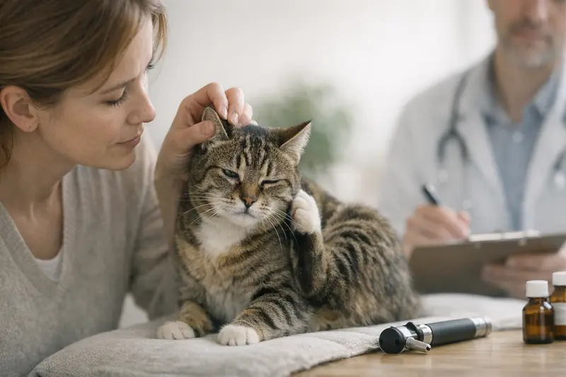 Warnzeichen bei Katzenaugen und -ohren Eine Katze mit einem tränenden Auge und einem besorgten Blick zeigt Warnzeichen, die bei einer Untersuchung wichtig sind.