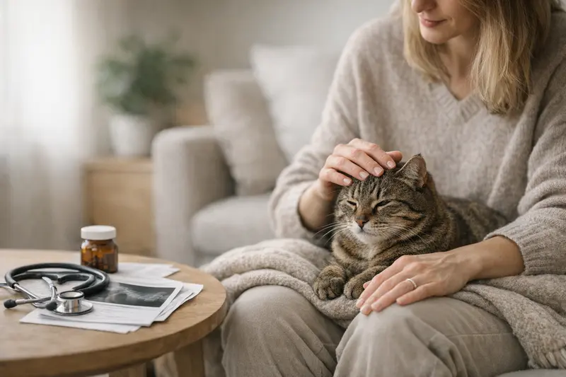 Vorsorge bei Katzenversicherungen Eine glückliche Katze beim Tierarzt, die mögliche Vorsorgemaßnahmen diskutiert.