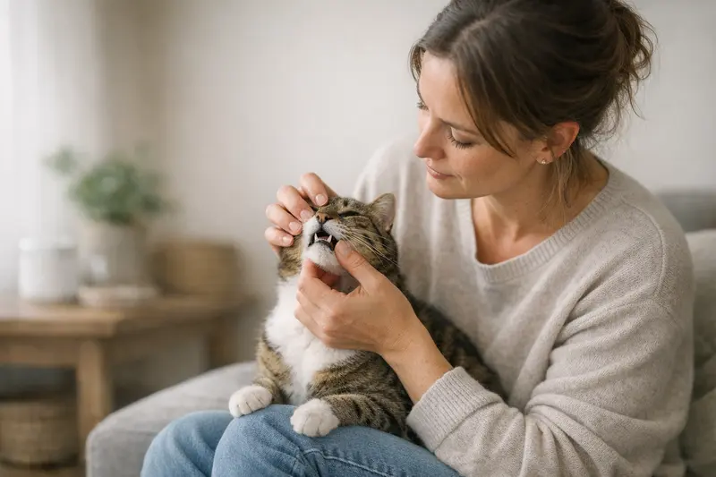Tierarztbesuch Katze Zahnbehandlung Eine Katze wird von einem Tierarzt untersucht, während Zahnbehandlungen für Katzenversicherungen erörtert werden.