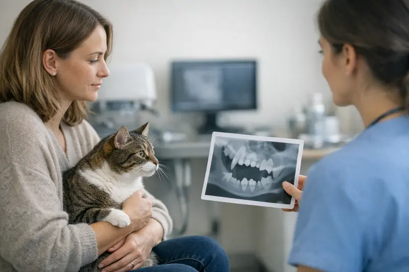 Eine Katze beim Tierarzt, während ein Dentalröntgen durchgeführt wird.