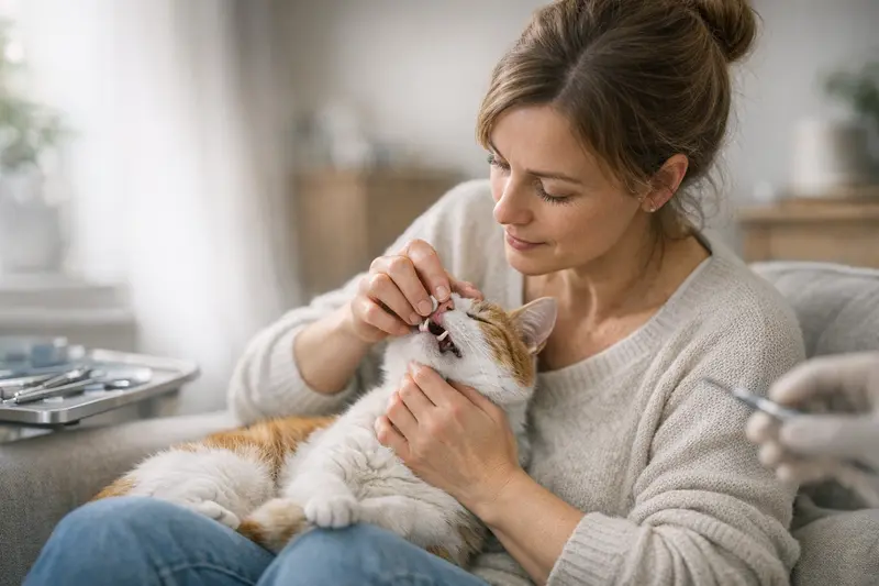 Katzenzahnuntersuchung beim Tierarzt Eine Katze wird vom Tierarzt untersucht, um mögliche Zahnprobleme zu klären.
