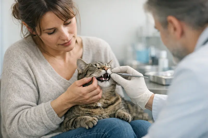 Zahnreinigung bei Katzen Eine Katze beim Tierarzt, die zur Zahnreinigung vorbereitet wird.