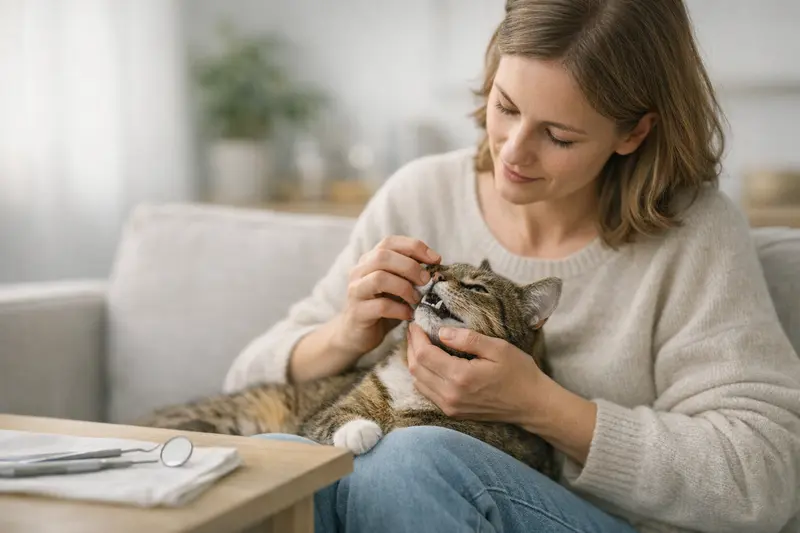 Eine gesunde Katze mit strahlenden Zähnen, die für Zahnvorsorge und Versicherungsschutz sensibilisiert wird.